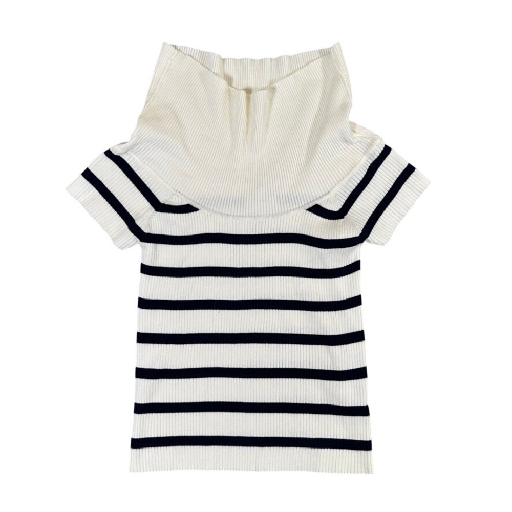 Pink Rose Striped Cowl Neck Ribbed Short Sleeve Sweater White Navy Large